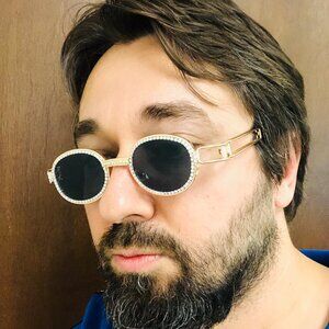 Round Black Lens Diamond Men Sunglasses Iceout‎ Gold Frame Hip Hop Style Lentes